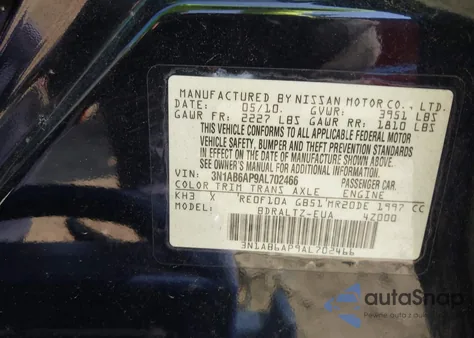 2010 Nissan Sentra 2.0Sr z USA, uszkodzony, nr VIN 3N1AB6AP9AL702466